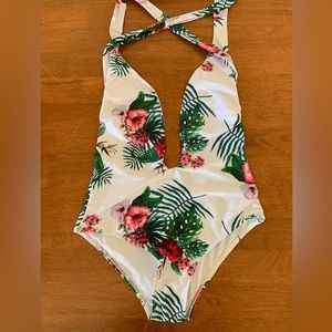 One piece backless bathing suit, tropical bathing suit